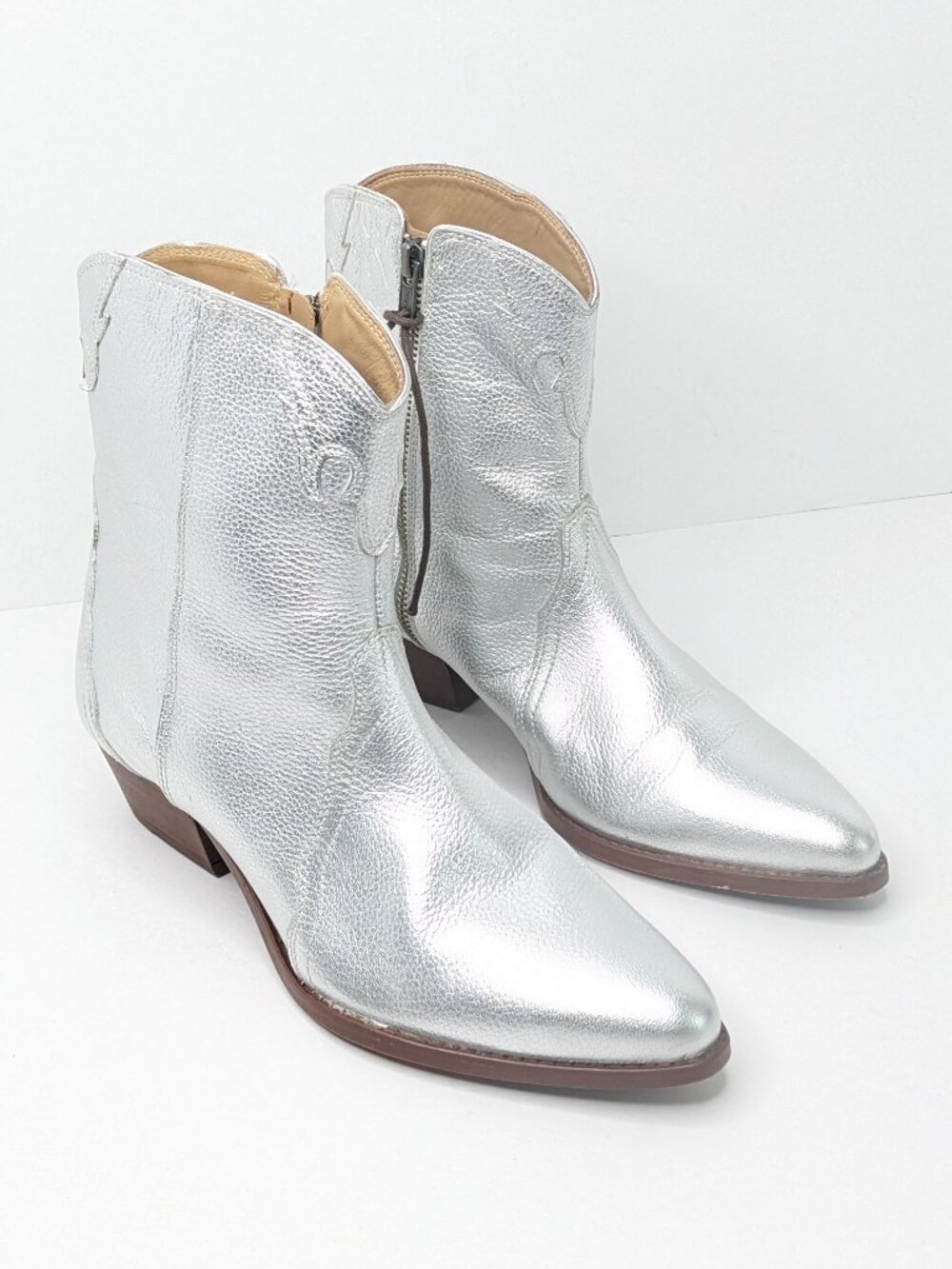 Free People Silver Metallic Leather Western Ankle Boots
